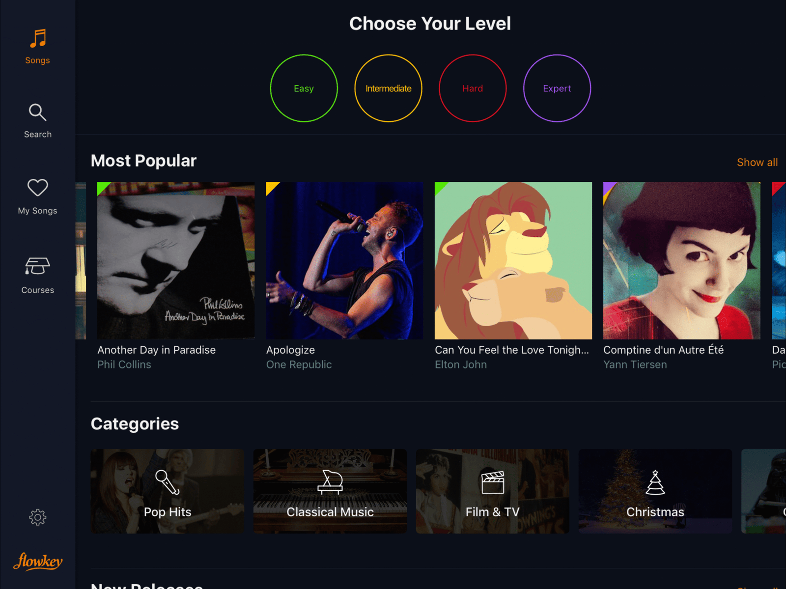 Flowkey dziesmu izvēlne